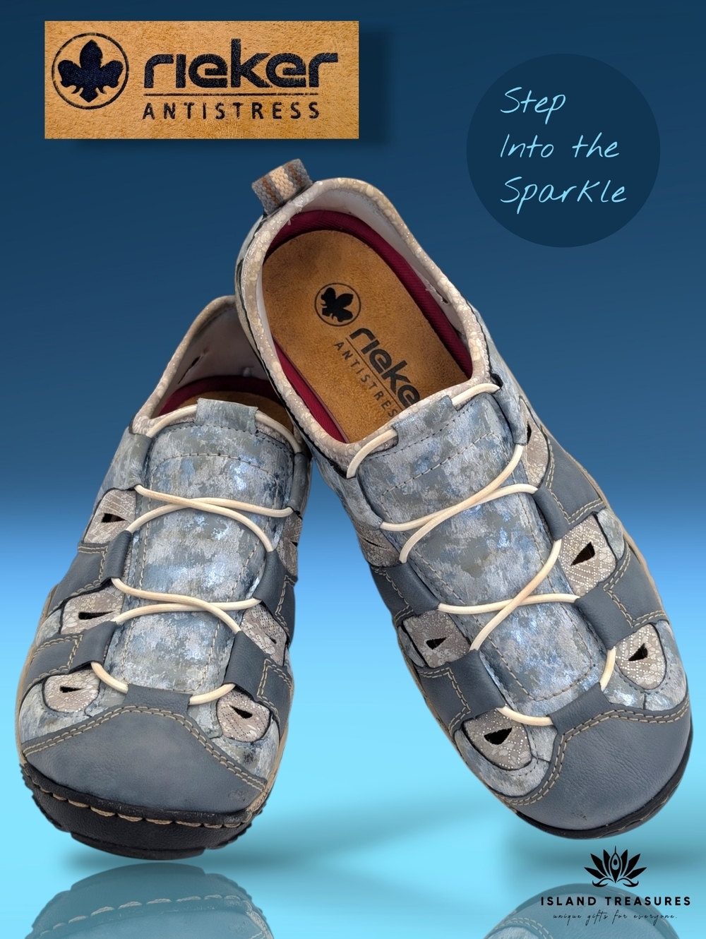 Rieker Antistress Women Sz 10.5 Metallic Azure Sparkle Show Bungee Lace Sneakers
